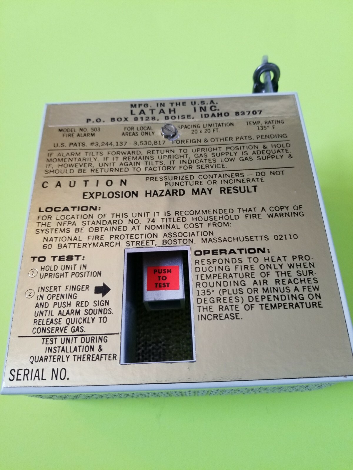 VINTAGE LATAH INC HEAT DETECTOR MODEL #503  NEW OLD STOCK UNOPENED BOX