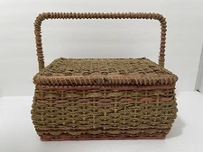 VTG Wicker Weaved Satin Lined Sewing Box Packed with Vintage Sewing Notions READ