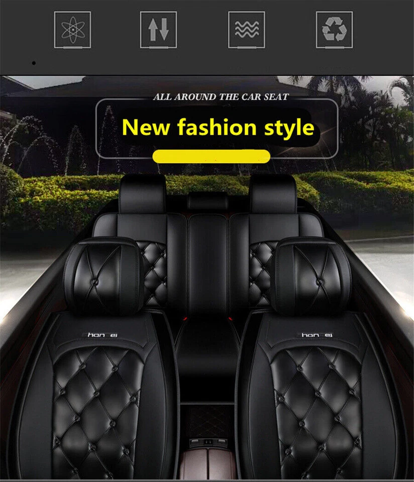 Black Car Seat Covers Cushion Premium PU Leather For 5-Seats Car Sedan SUV USA — 第 2/4 张图片