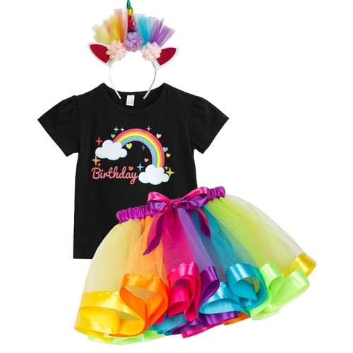 Licorne Girl Birthday Costume Outfits Rainbow Skirt,Licorne Horn Headband - Picture 21 of 26
