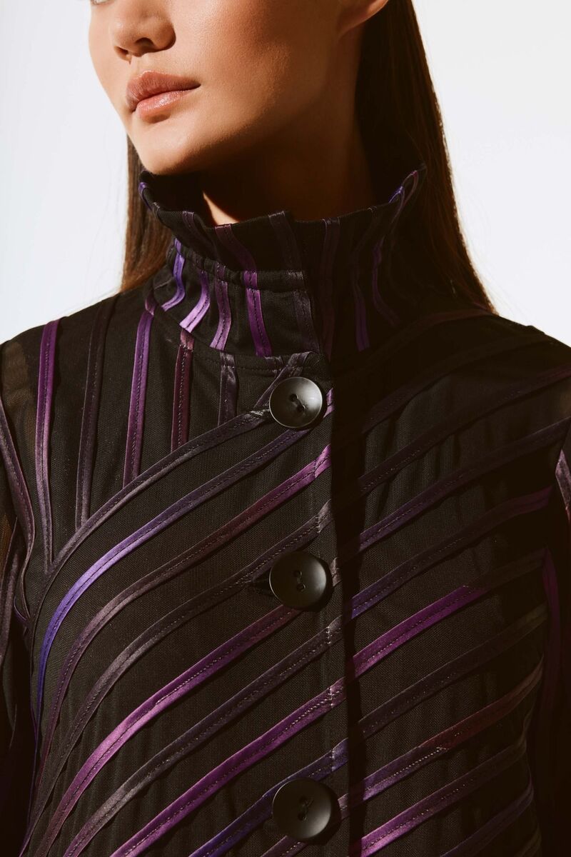 Joseph Ribkoff Black/Multi Striped Satin Mesh Bell Sleeve Joseph Ribkoff Black/Multi Striped Satin Mesh Bell Sleeve