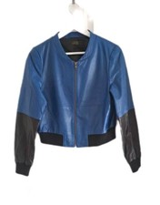 Geniune Leather Bomber Jacket Biker Moto Blue Black Womens Uk 8-12 Y2k 90's