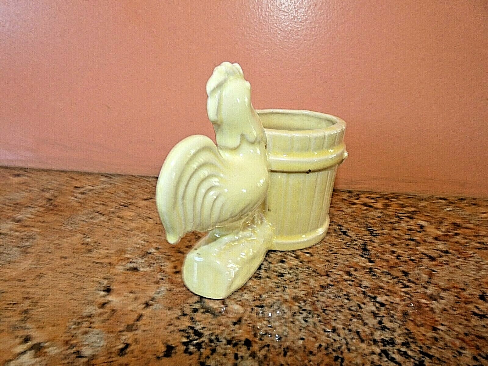 Vintage McCoy Pottery Rooster with Water Bucket Barrel Planter Yellow