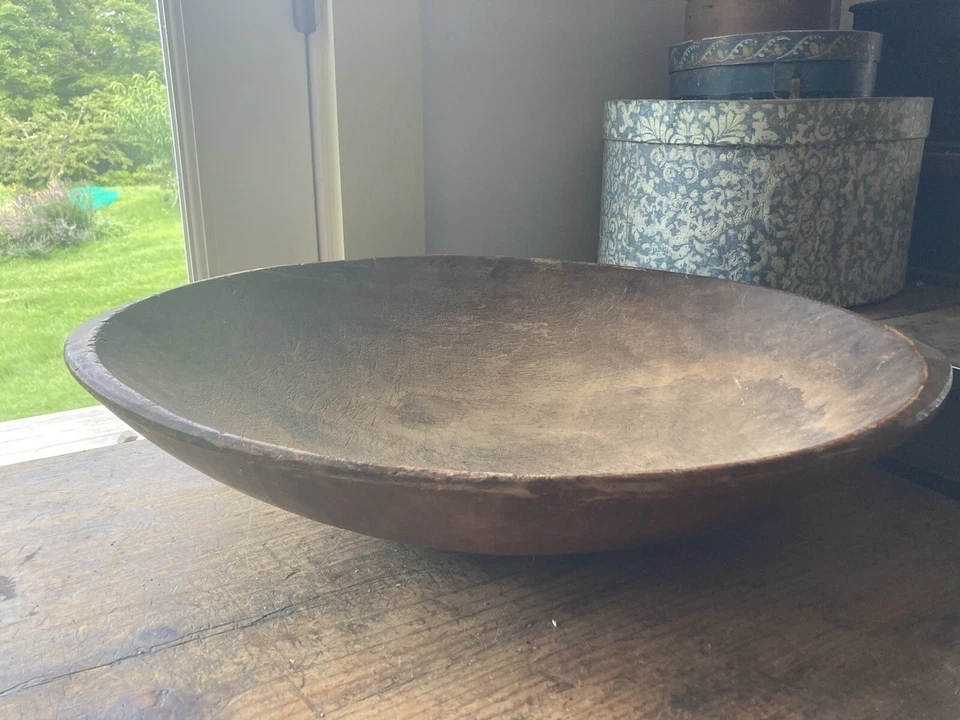Unique Large 23” Antique primitive wooden 19th C Elliptical Shape Dough Bowl - Image 4 of 4