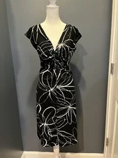 Women's Lady Hathaway Size 10 Black/White Knot Front V-Neck Cap Sleeve Dress
