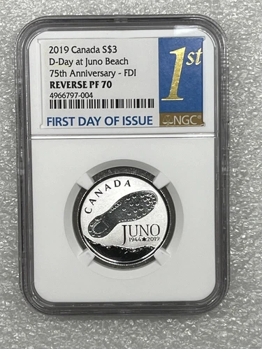2019 $3 CANADA SILVER NGC PF70 REVERSE PROOF D-DAY JUNO BEACH FIRST DAY OF ISSUE