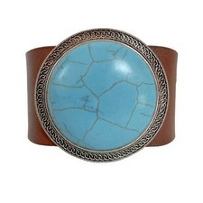 Wide Leather  Large Faux Turquoise Statement Bracelet
