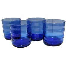 4 Blown Glass Cobalt Blue Ripple Juice Drinking Glasses 3" beehive tumblers 6z