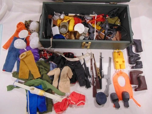Vintage Early G.I. Joe Wood Foot Locker Lot of Accessories and Uniforms Etc
