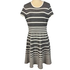 Gabby Style Sweater Dress Gray Striped Short Sleeve A-Line Casual Preppy Large 