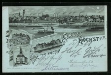 Moonlight lithograph H�chst a. M., Realprogymnasium, Evangel. Church, Bolong 
