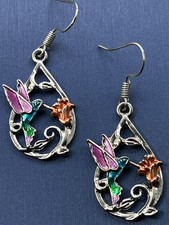Earrings Silver Tone Colorful Hummingbird  Flower Design w/2" Ear Drop