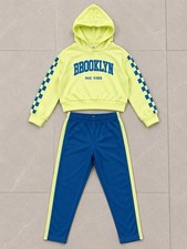 Kids Size 10-11 Years 2pc Sweatsuit Set Hooded Hoodie  Pants Yellow/Blue