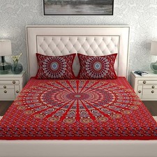 BOHOBAZARINDIA Jaipuri Sanganeri Cotton Bedsheet Set Maroon Mandala Print 144 TC