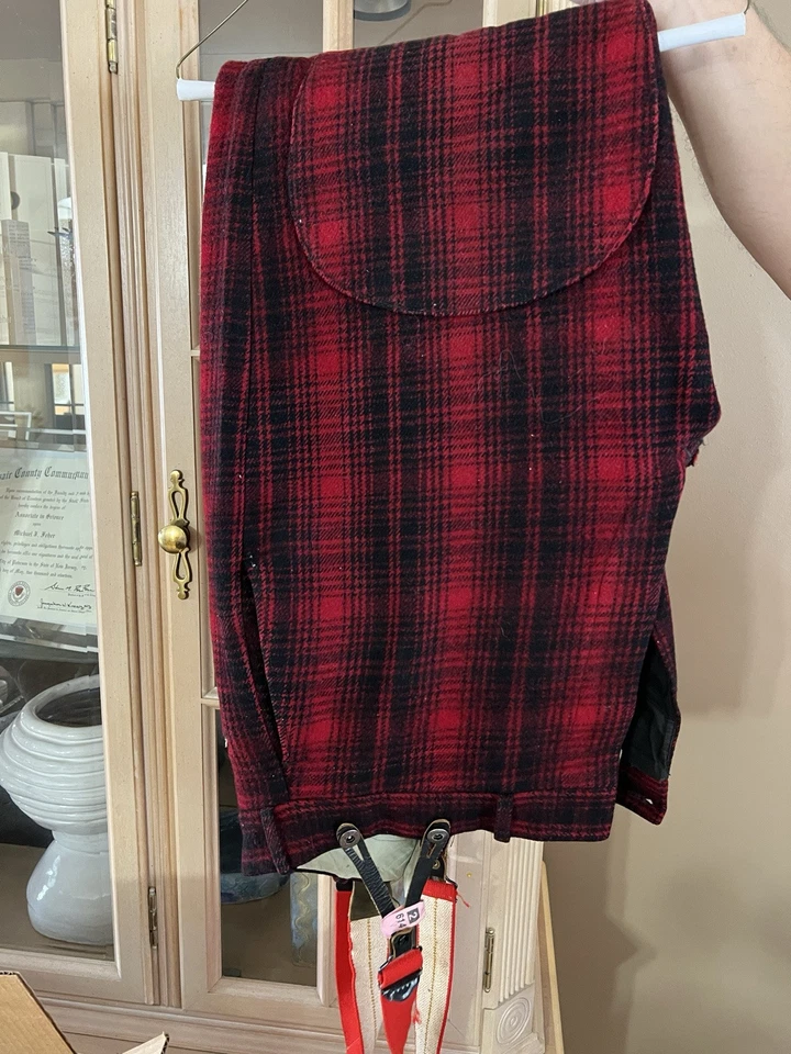 Vtg Woolrich Buffalo Red Plaid Hunting Outfit Wool Jacket 42 Pants34 Suspenders  - Image 2 of 4