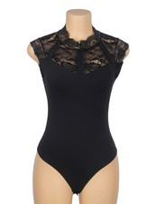 WOW BABE Black Floral Sheer Mesh Lace Open Crotch Teddy Bodysuit Size 10 UK