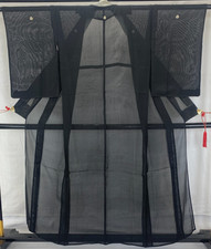 Japanese Vintage Kimono Polyester Black No Lining Family crest Length 61 in