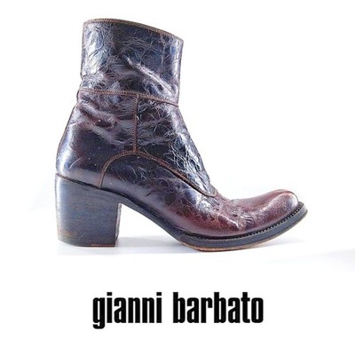 Gianni Barbato Ostrich Leg Exotic Leather Ankle Boots Stacked Heel Brown 36