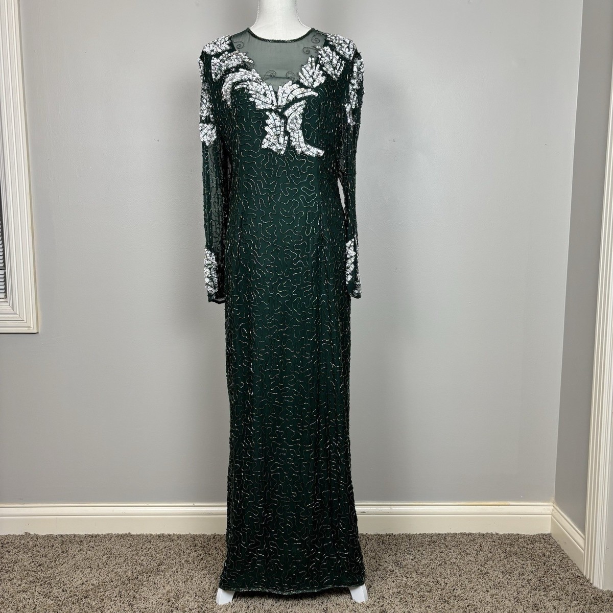 Vtg Scala Gown Large Green Silk Beaded Sequin Lined Gala Party Event Glam  Dress