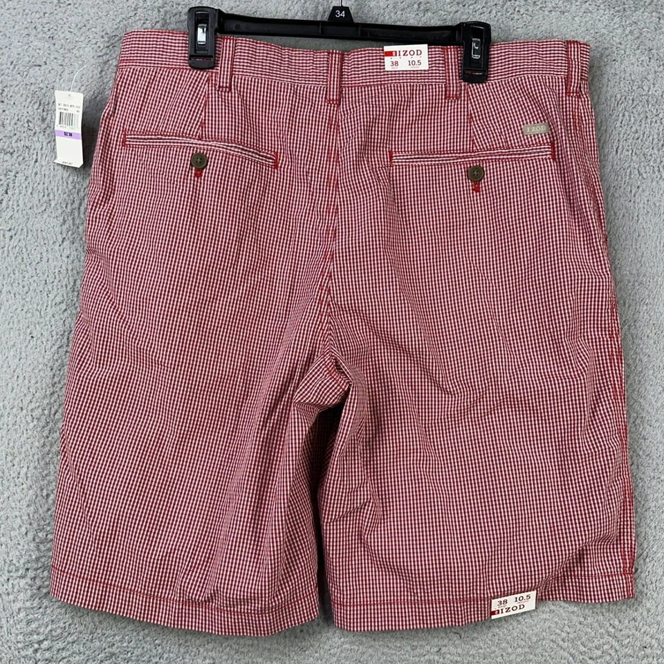 IZOD Mens Khakis Shorts 38X10.5 Red Pin Check Flat Front Pockets 100% Cotton NEW - Image 3 of 4