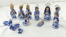 12 Piece Tonala Cobalt Blue Gold Nativity Creche Set Folk Art Mexico