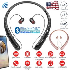 Sweatproof Neckband Headset Wireless Bluetooth Retractable Headphones Earbuds US