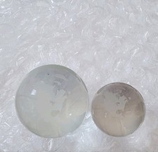 Pair of Frosted Glass World Globes   Large  Small Etched Map Desktop Decor