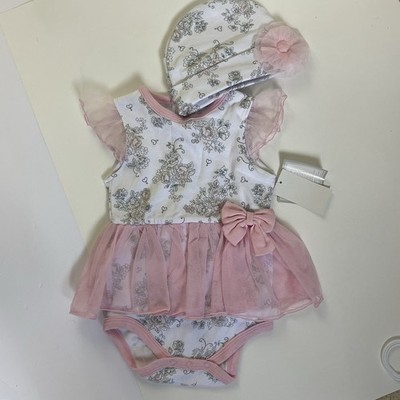 Baby Essentials Infant Girls 2pc Romper & Hat Set Pink Floral Tulle 9M NWT
