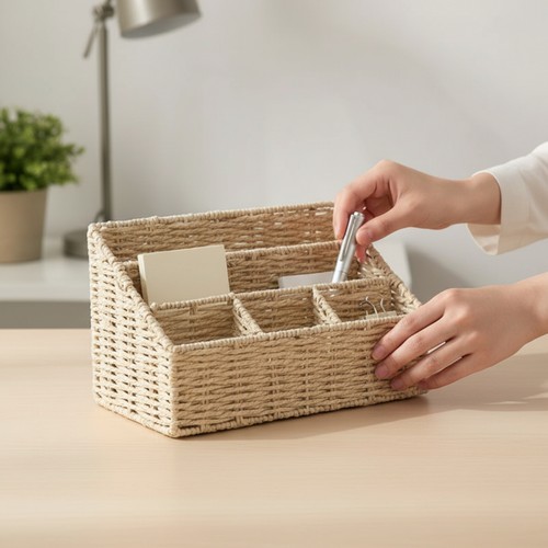 Woven Paper Rope Desk Basket Decorative Desktop Storage Basket Chic for Office - Afbeelding 2 van 8