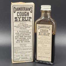 Chamberlain’s Cough Syrup Bottle + Box Alcohol Chloroform Quack Medicine Antique