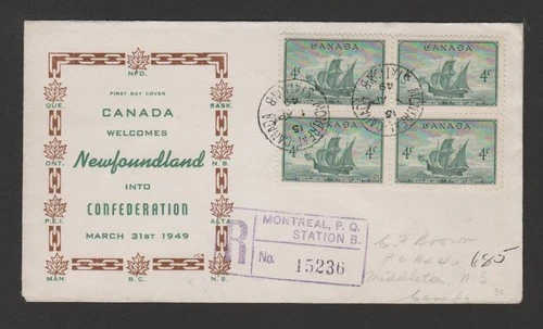 Canada 1949 Newfoundland Confederation block of 4 registered FDC - Rosenbaum