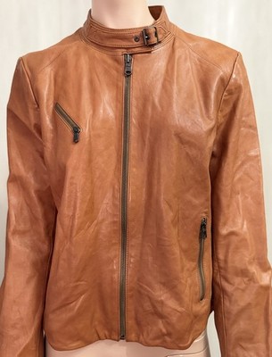 Gap Women s Cognac Leather Moto Jacket Size L Summer 2012 Archival Cafe Racer