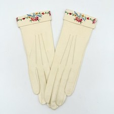 Vintage Ladies Leather Gloves w/Embroidered Flowers 6 1/2 White/Ecru EC