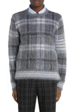 Thom Browne Men's Grey Tartan Mohair 4 Bar Crew Neck Pullover Sweater Size 4