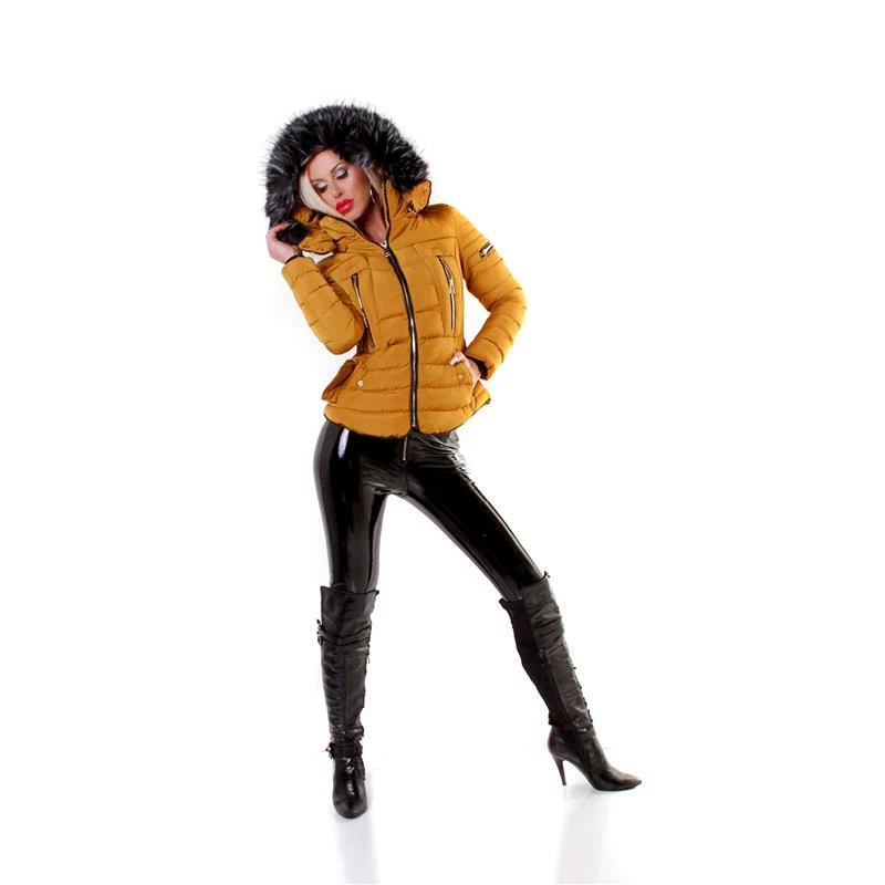 Damen Winter Steppjacke mit Kapuze und Kunstfell Senf #J968 - Bild 3 von 4