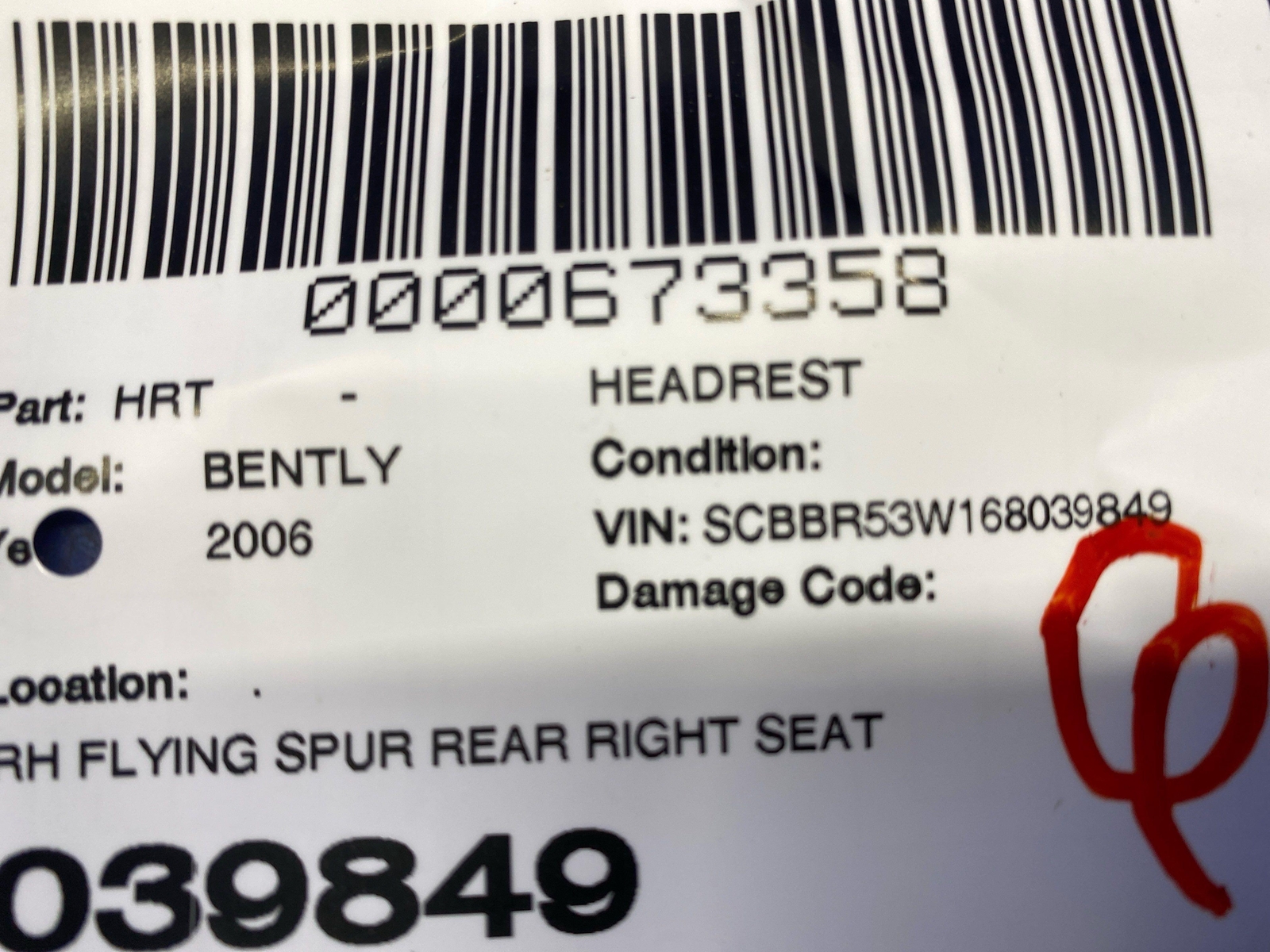 2006-2012 BENTLEY CONTINENTAL FLYING SPUR REAR RIGHT SEAT HEADREST BROWN LEATHER