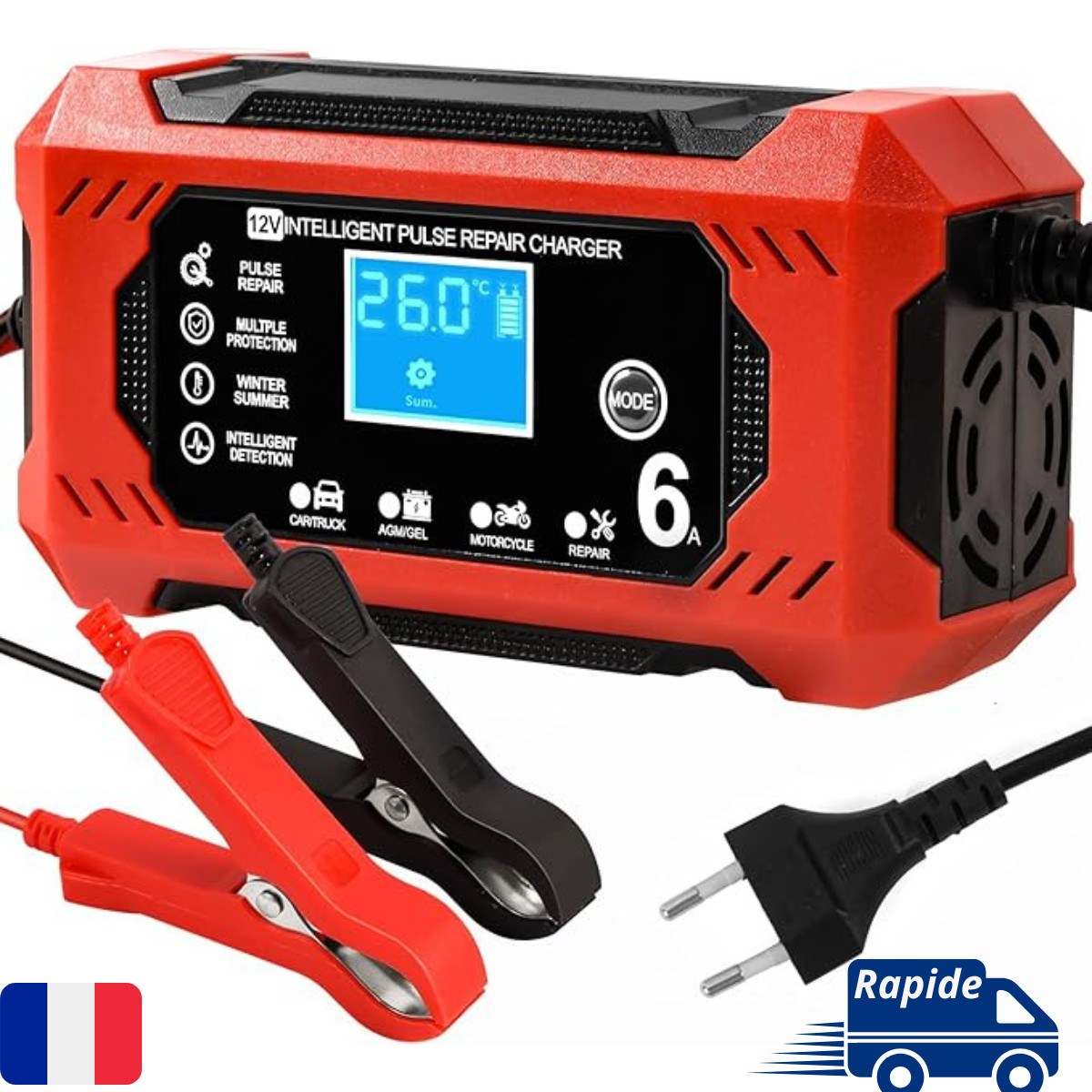 Chargeur batterie intelligent 12V 6A pour auto et moto