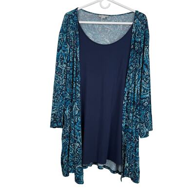 Catherines Blouse Top Plus 3X Blue 3/4 Sleeves Scoop Neck Floral Peasant Stretch