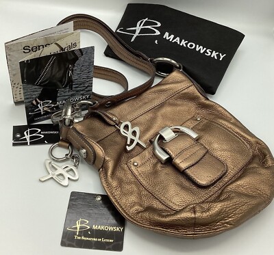 Designer Purse B. Makowsky Westbourne Metallic Bronze Leather Crossbody Handbag