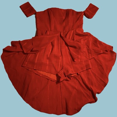 New Red Off-Shoulder Romper Dress | Size L | Statement High-Low Overlay