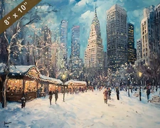 New York with Bryant Park Winter Village oil painting 8x10 Print
