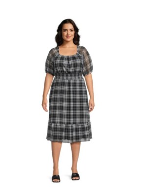 black plaid mesh dress Terra & Sky Plus Size Smocked Mesh Dress Playful Plaid Black Soot 1X 16-18W