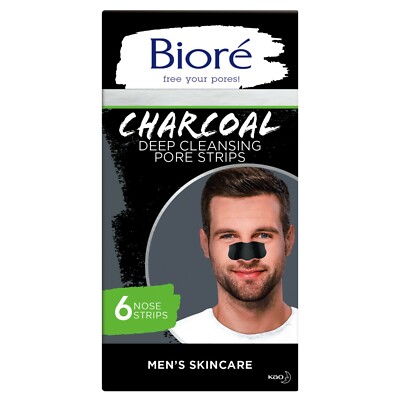 Biore 6 MENS CHARCOAL DEEP CLEANSING PORE STRIPS NOSE STRIPS Instantly Unclogs