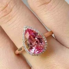 2Ct Pear Cut Lab Created Pink Sapphire Halo Wedding Ring 14K Yellow Gold Plated