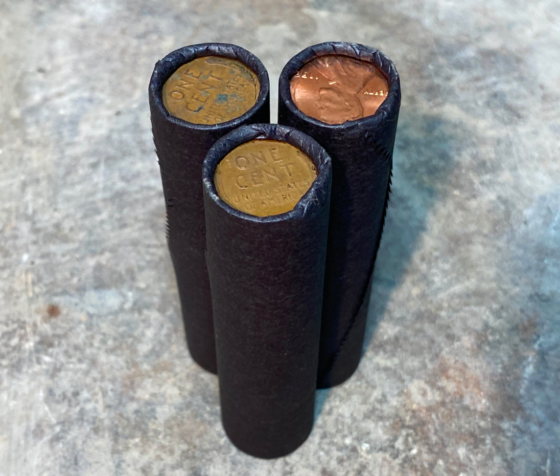 Tightly crimped black wheat penny bank rolls old unsearched coins cent us lot