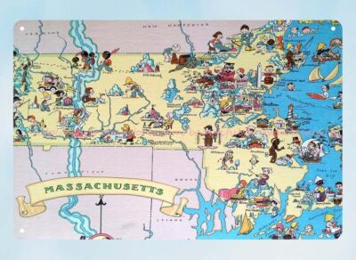 Pictorial map of MASSACHUSETTS state by Ruth Taylor 1935 metal tin sign