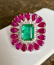 200 Natural Emerald  Ruby Ring. 3.06CTS Emerald with genuine pave Diamonds