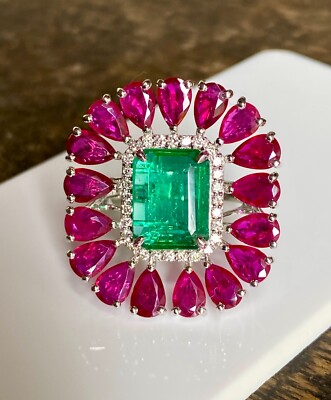 200% Natural Emerald & Ruby Ring. 3.06CTS Emerald with genuine pave Diamonds