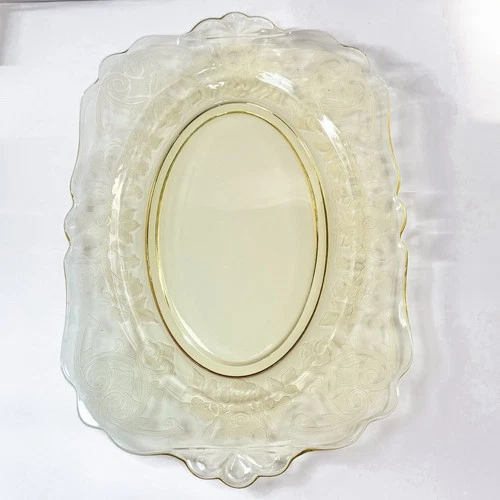 Vintage 1930s Depression Glass Oval Serving Platter 12.5” Etched Floral