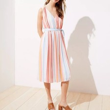 Loft Striped Pleated Waist Tie Midi Dress, Pastel, NWOT, Size Small